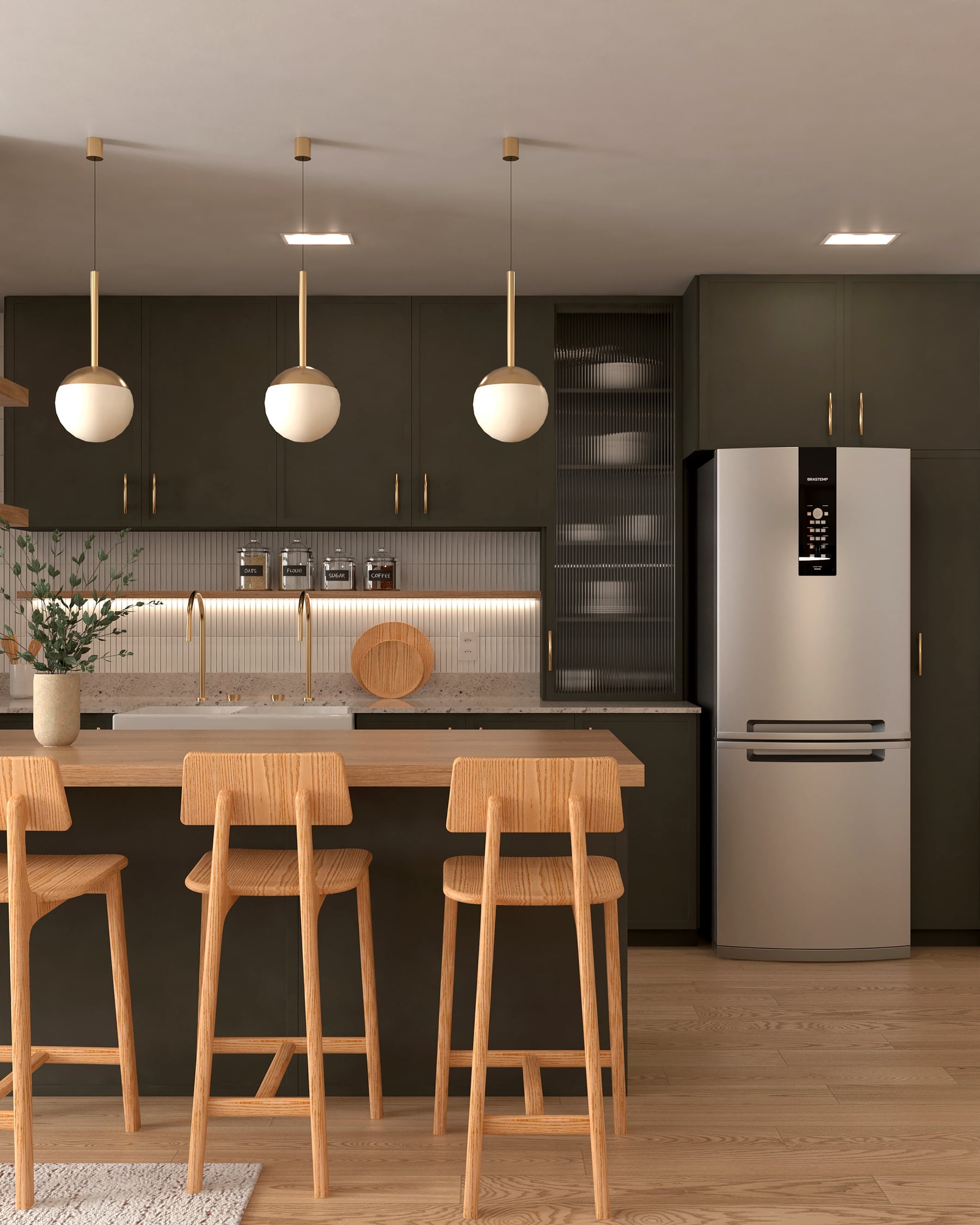 Cozinha com marcenaria verde, bancada de madeira e pendentes, projeto de Vitória Duarte Arquitetura