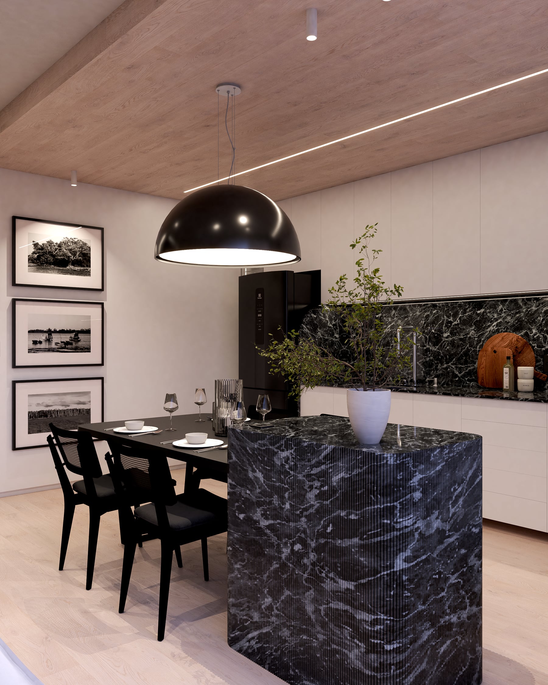 Cozinha e jantar com ilha em mármore preto e forro de madeira, projeto de Vitória Duarte Arquitetura