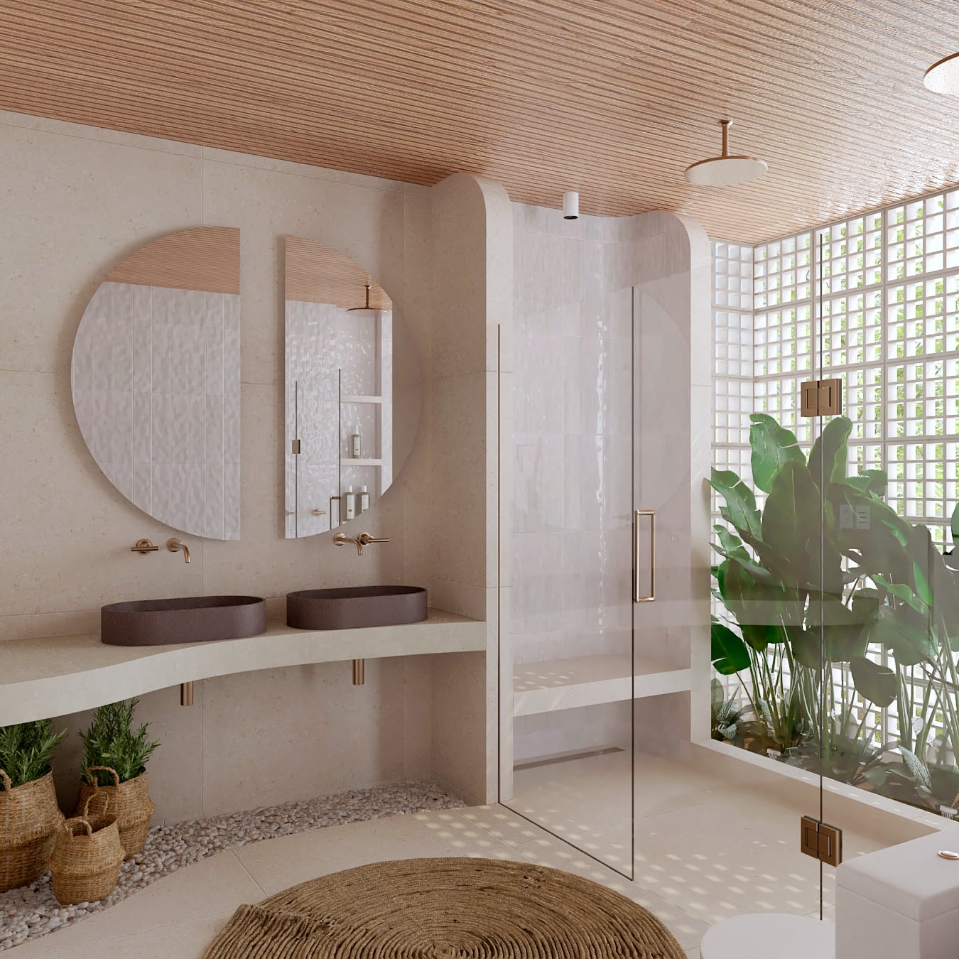Banheiro com bancada orgânica, cobogó e jardim interno, projeto de Vitória Duarte Arquitetura