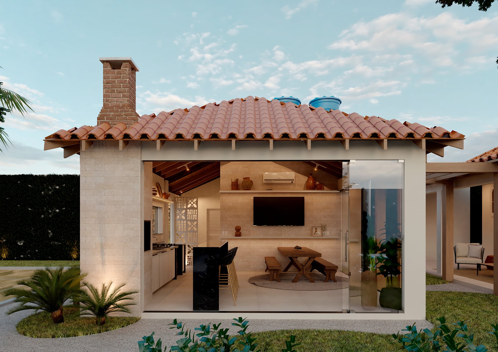 Espaço gourmet com telhado cerâmico, churrasqueira e cozinha integrada, projeto de Vitória Duarte Arquitetura