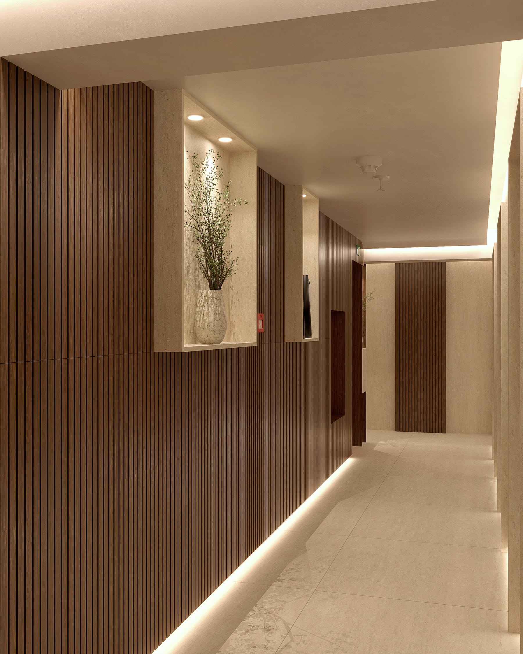 Hall social com painel ripado em madeira, nichos em travertino iluminados e fita de LED no rodapé, projeto de Vitória Duarte Arquitetura