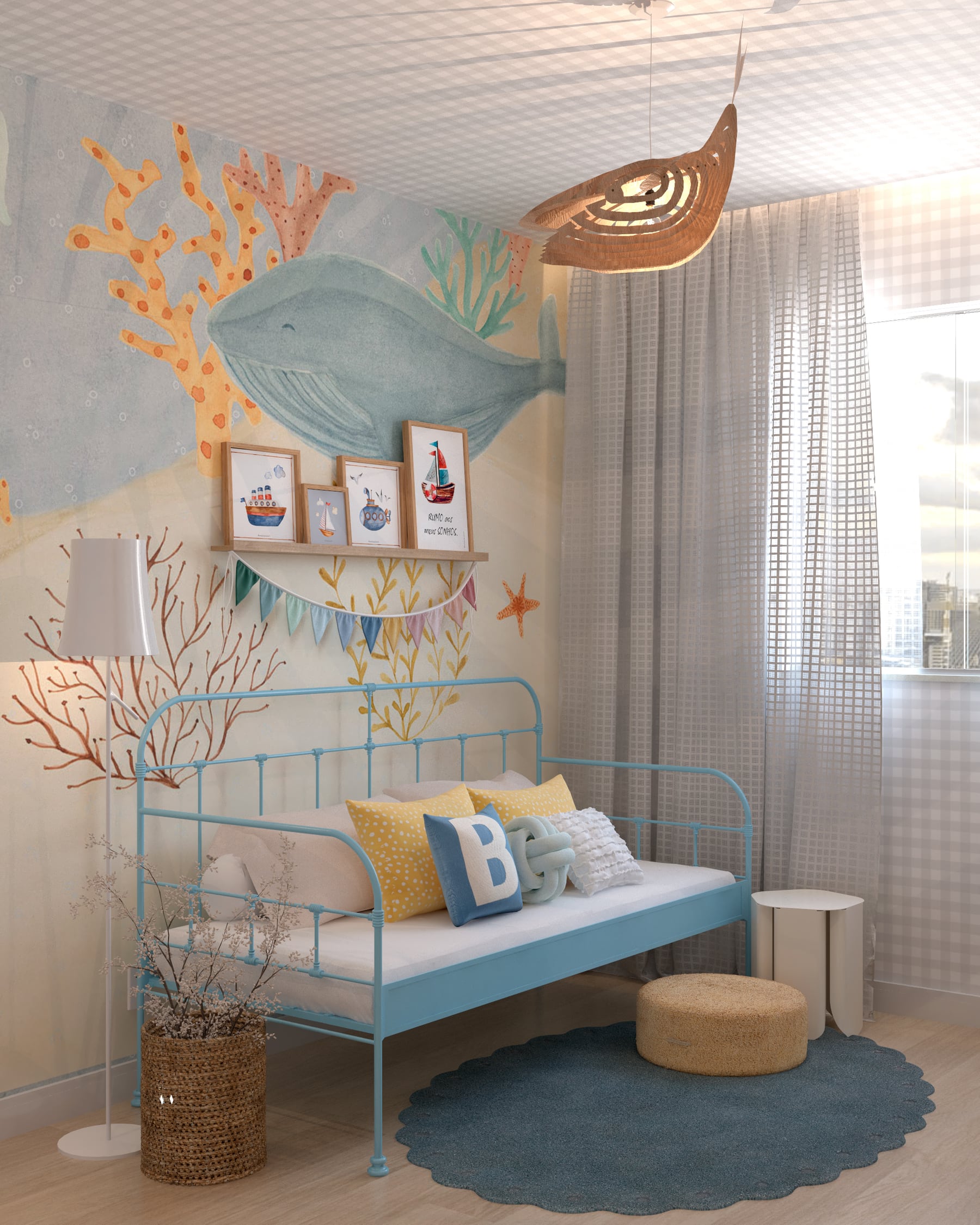 Quarto infantil com papel de parede marinho e cama em ferro, projeto de Vitória Duarte Arquitetura