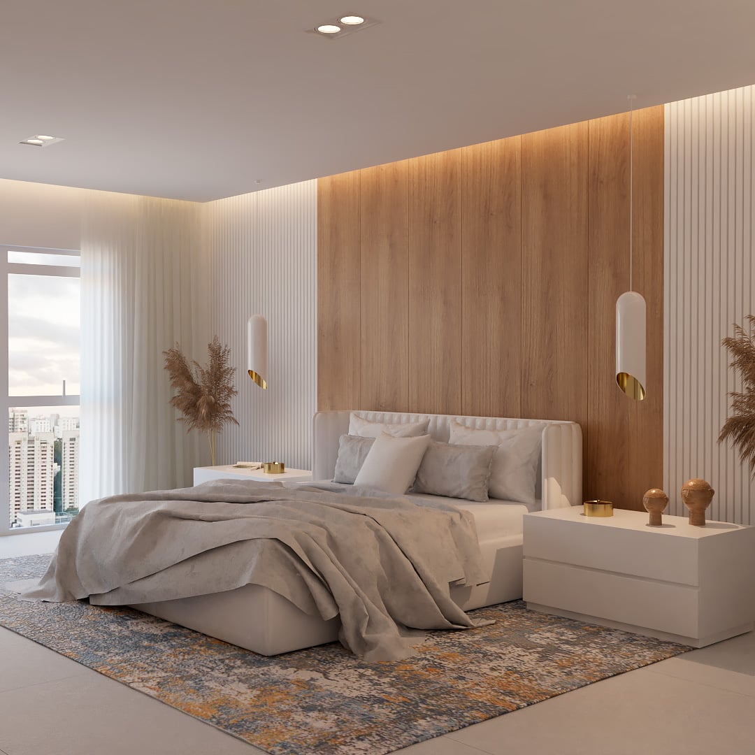 Quarto de casal com painel em madeira e pendentes, projeto de Vitória Duarte Arquitetura