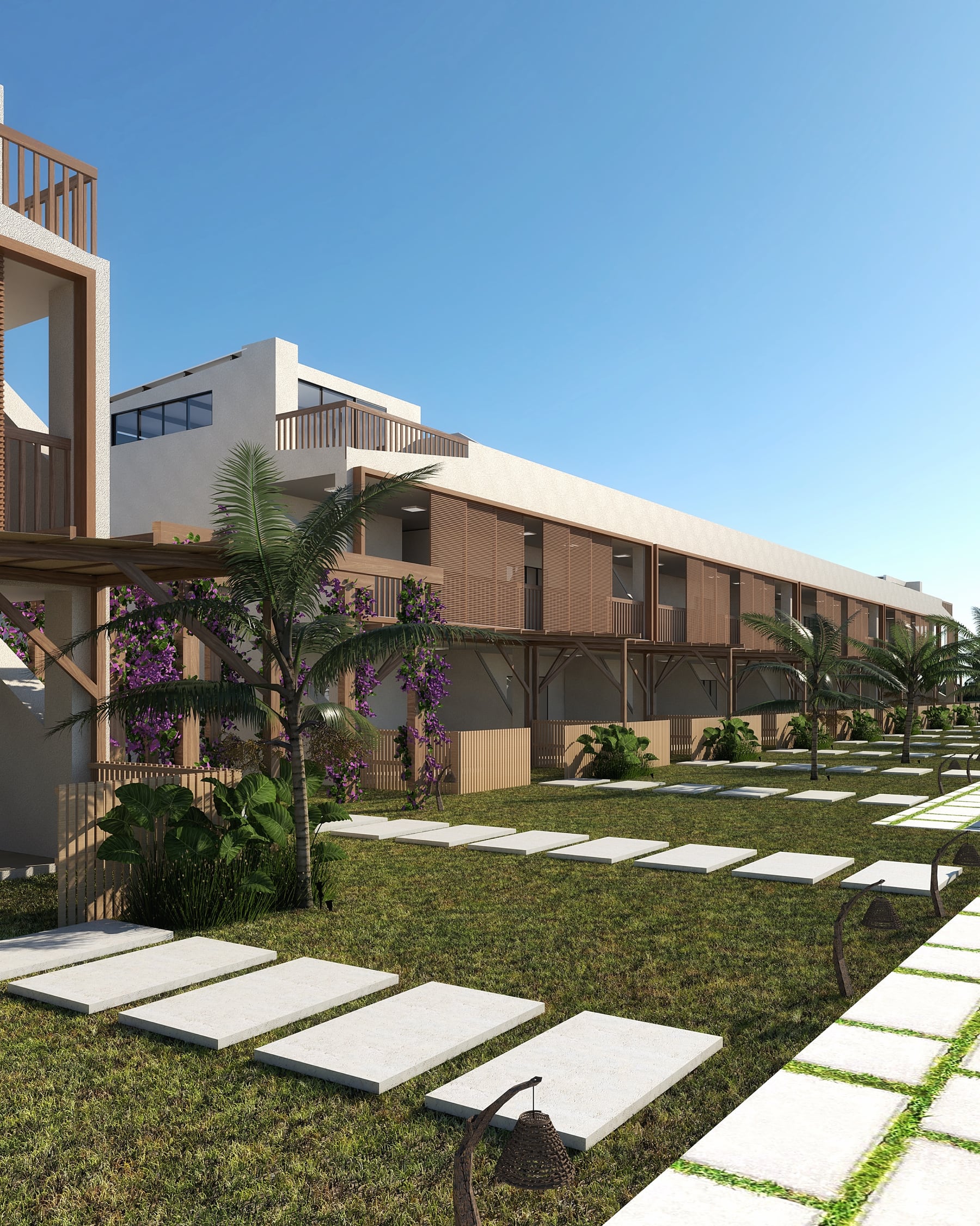 Retrofit de edifício residencial com varandas em madeira e jardim, projeto de Vitória Duarte Arquitetura